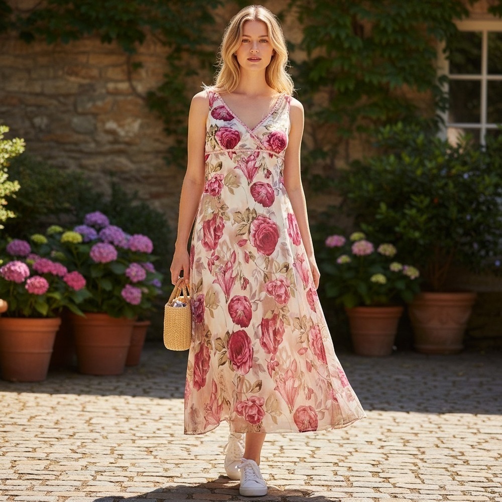 Meghan Matthews Pink Floral Rose Babydoll Ethereal Soft Girl Midi Dress Sz 12